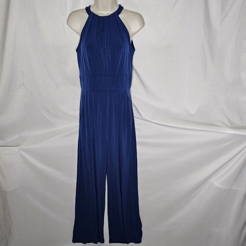Womens Vince Camuto Navy Blue Halter Tie Back Wide Leg Jumpsuit Lined Pockets S